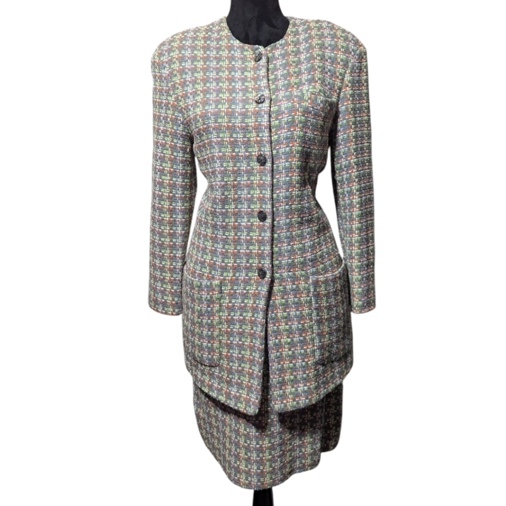 Vintage Silks Brand Colorful Tweed Skirt Suit Set W/ Pockets